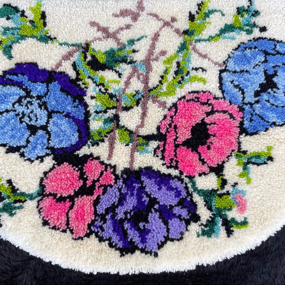 Large floral semi circle handmade latch hook rug cottage core country chic